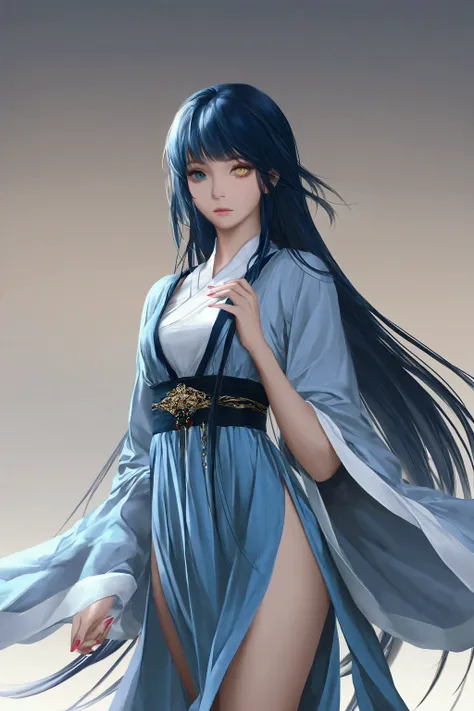 heterochromia blue hair ,heterochromia blue hanfu, small breasts, very long hair, expressionless, masterpiece, best quality, realistic, 8k, official art, cinematic light, ultra high res, perfect female body, sharp focus, guofeng, 1girl, solo, chinese cloth...