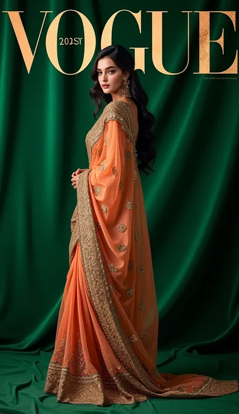 A striking waist-shot of a modern Indian fashion icon, draped in an opulent, jewel-toned saree with intricate gold embroidery, exuding timeless elegance. The background is a lush, velvety emerald green, symbolizing luxury and sophistication. The models gaz...