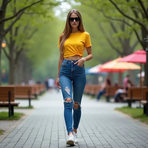  An impressive 26-year-old woman ,  with defined and shaped curves  (: 88 cm , Waist: 59 cm , hip: 100 cm),  is in the relaxed atmosphere of a modern park .  The setting includes a paved path surrounded by tall trees and wooden benches . In the background,...