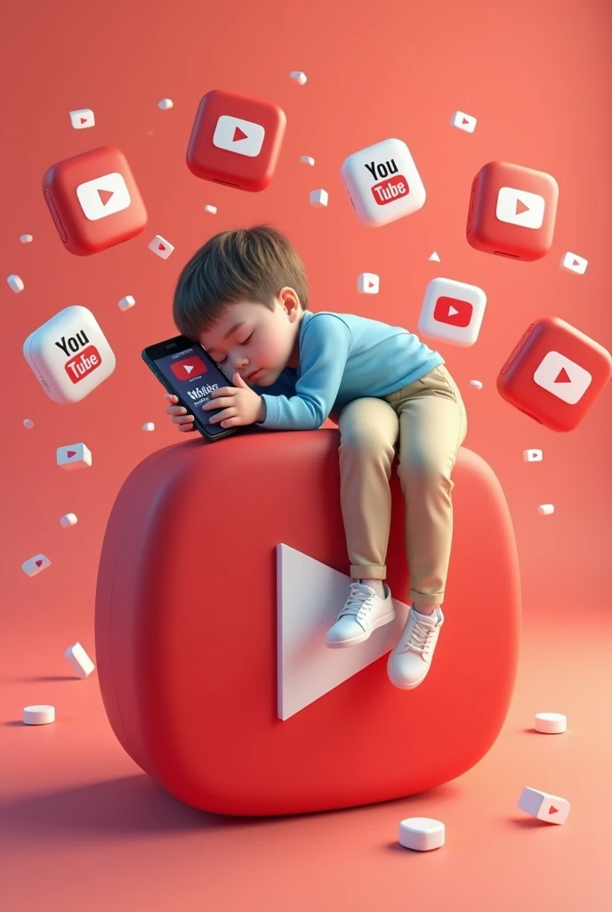  sleeping on the youtube logo, which is also three-dimensional. The boy wears a blue shirt and beige pants, with white shoes. In his hands, there is a smartphone that
displays a youtube channel. The profile
belongs to Sk Educate , according to the name tha...