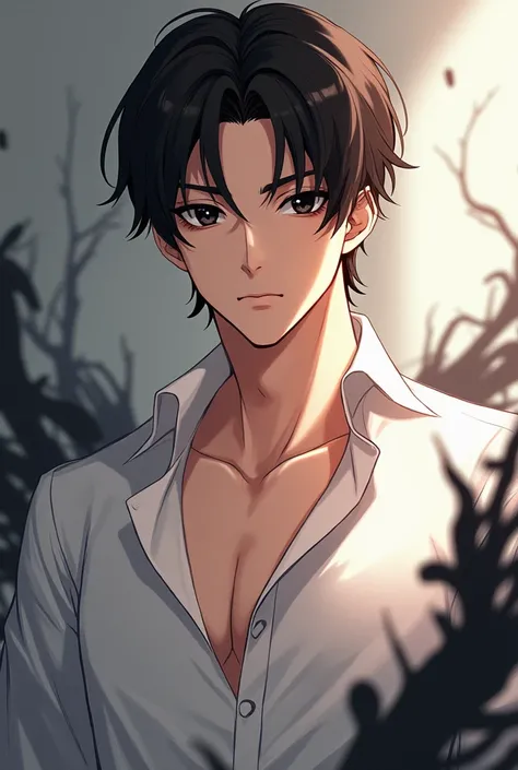 person, Black eyes, Brown hair, , Mens White Fantasy Shirt ,  handsome, , the high quality ,  Details, Short hair, Aura Black ,  Sexy Tan Muscled Anime Pics