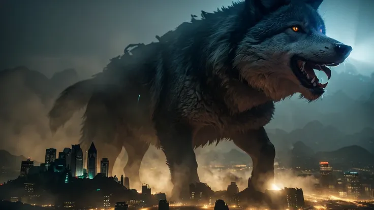 A wolf as big as a mountain destroying a city, ( realistic :1.5), ( Details:1.5), ( High Quality :1.5), ( high definition :1.5), (Three-dimensional:1.5), ( cinematic lighting:1.5), ( Cinematic Shadows :1.5), ( insane shading:1.5), (City:1.5),