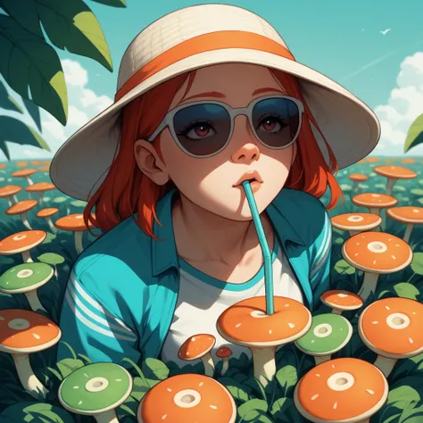 A cool and cute anime-style illustration of a woman facing forward and looking up. She is drinking kombucha through a straw. She has beautiful eyes and thin sunglasses. Her hair is black and decorated with mushrooms and zetas, and she takes up two-thirds o...