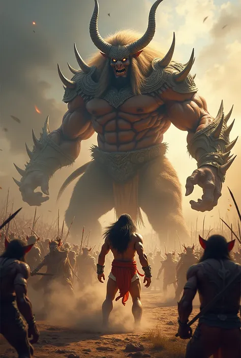 Lord Hanuman is looking like a Hawk, he also has a tail, in front of him is standing a big demon Kumbhakarana who has horns, Hanuman ji is punching him, on one side is the monkey army and on the other side are the horned demons and the fight is going on.