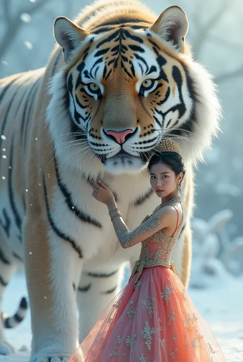 Very Very Beautiful Young Korean Princess, face looking at the camera, Extraordinary Beauty, White Korean Skin, Extraordinary Extraordinary Princess Colorful Dress, Short Straight Hair, Standing With a Giant Giant Tiger, Giant Tiger Head, Princess Putting ...