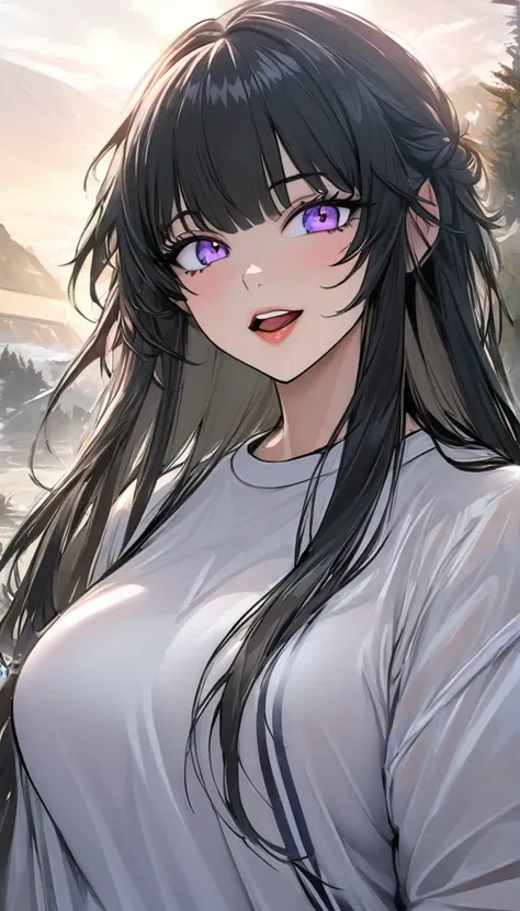 artist lthisgthis, 1 Girl, Chitanda Era, thisreki hthisutarthisu, red shthisrts, lthisng hair,  dark haired, thispen mthisuth,  bangs, shirt,  Purple Eyes , shthisrt sleeves, gym unifthisrm, pthisnytail, white shirt, shthisrts, lthisthisking at anthisther,...