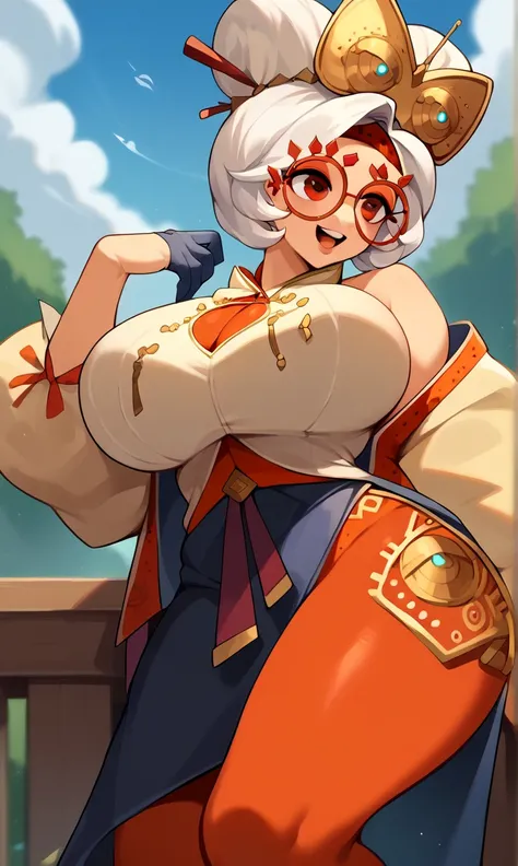 score_9, score_8_up, score_7_up, score_6_up, score_5_up, score_4_up, (source_anime), purah,
1girl,  huge breasts, narrow waist, thick thighs,  hair ornament, red headband, red glasses, sleeveless shirt, white coat, black skirt, red leggings, gloves, high h...