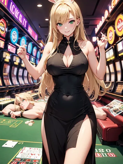 woman、 Bunny Girl、 topless、 Big Breasts 、Curved waist、Long Curled Blonde 、Green Eyes、 winking、Inside the casino
