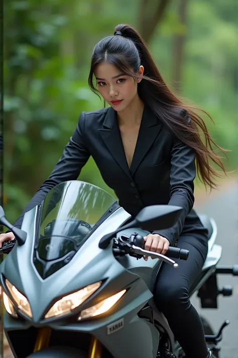 A beautiful asian woman ponytail hair black purple riding a Yamaha RX-King motorcycle Cinematography 8KUHD hyper realist ultra 4HDNatural 