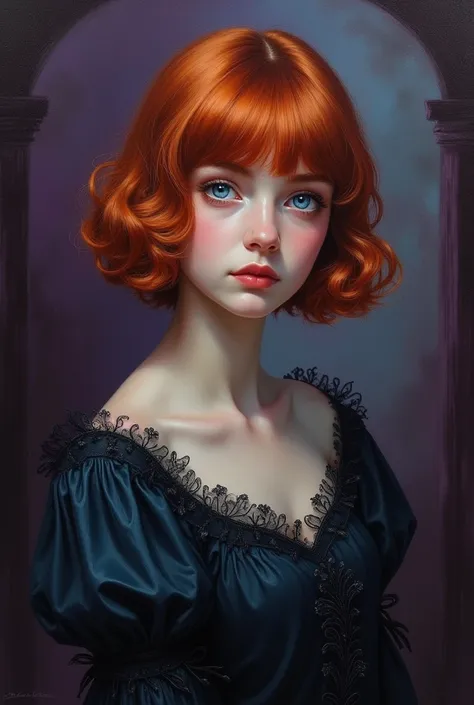 oil painting.  Gothic Style . dark academy . Redhead girl with bangs.  short hair.  blue eyes . beautiful dress. purple tones. 