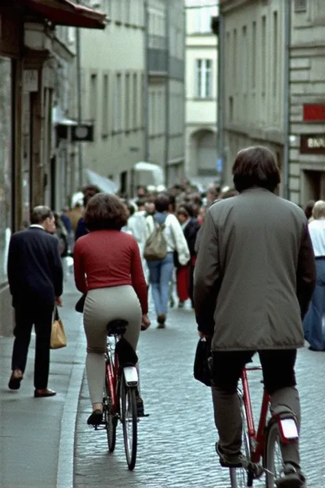  people walking or riding bicycles through the streets of the ancient city of Strasbourg々, Film stills,  1973 movie scene,  color film steel 1977 ,  scene ,  shot from Danis Villeneuve movies ,  movie screenshot , From 70s Cinésteel  ,  movie scene to , Pe...