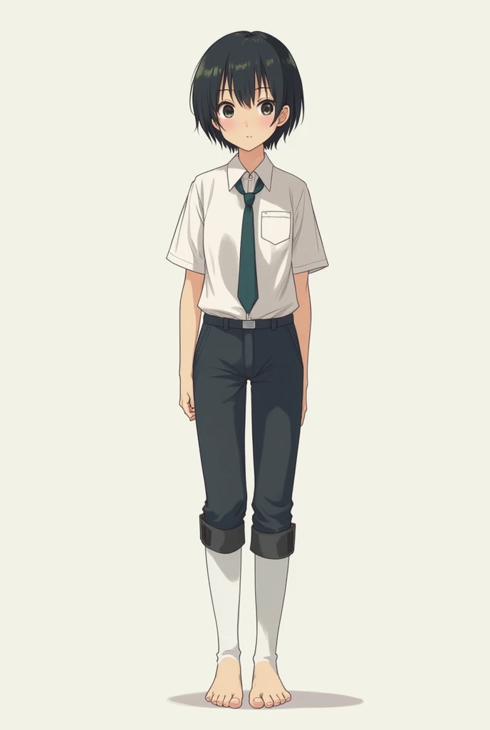 Teen Asian boy wear school uniform and over knee high socks without shoes