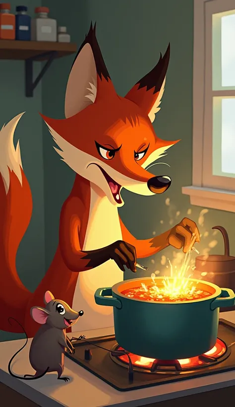 The fox put a large pot of water on the stove to boil.The mouse asked, "What are you cooking?" The fox replied, "I am cooking soup for dinner."He said, "Can I taste it?" The fox said, "Sure! But be careful not to fall in it." The mouse kept eating until he...