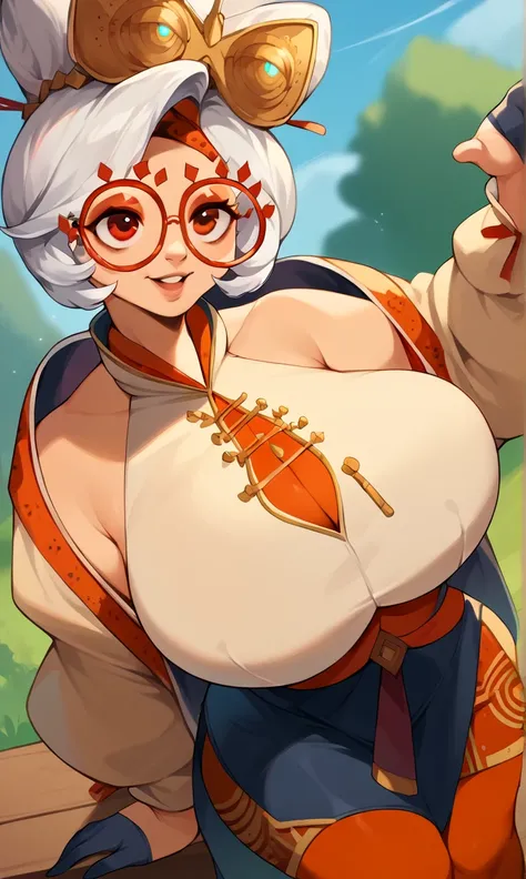 score_9, score_8_up, score_7_up, score_6_up, score_5_up, score_4_up, (source_anime), purah,
1girl,  huge breasts, narrow waist, thick thighs,  hair ornament, red headband, red glasses, sleeveless shirt, white coat, black skirt, red leggings, gloves, high h...