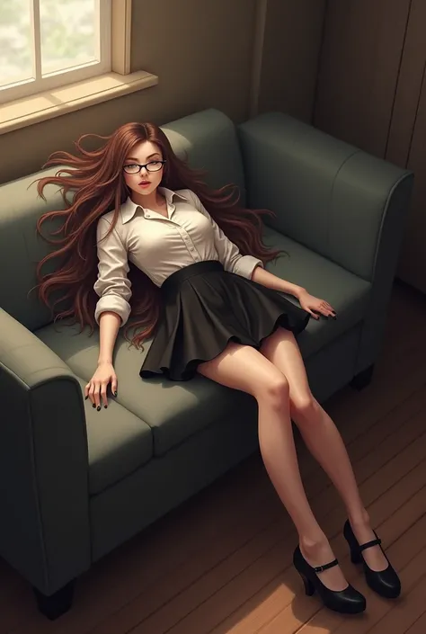 Beautiful woman,  brown hair, white blouse, black skirt, black high heels, glasses, unconcsious on a couch