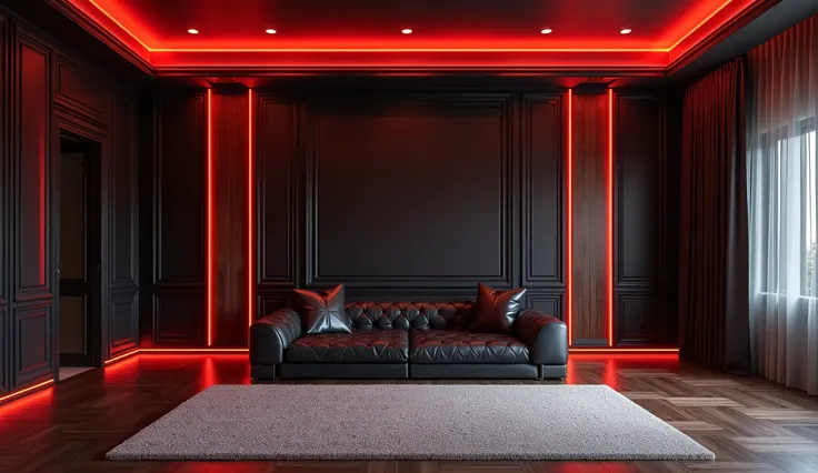 Design the room ,  the floor is covered with dark parquet ,  dark-colored skirting board with red lights symmetrically spaced , Dark-colored walls,  leather black stitched sofa ,  on the floor there is a light carpet ,  on the wall next to which the sofa s...