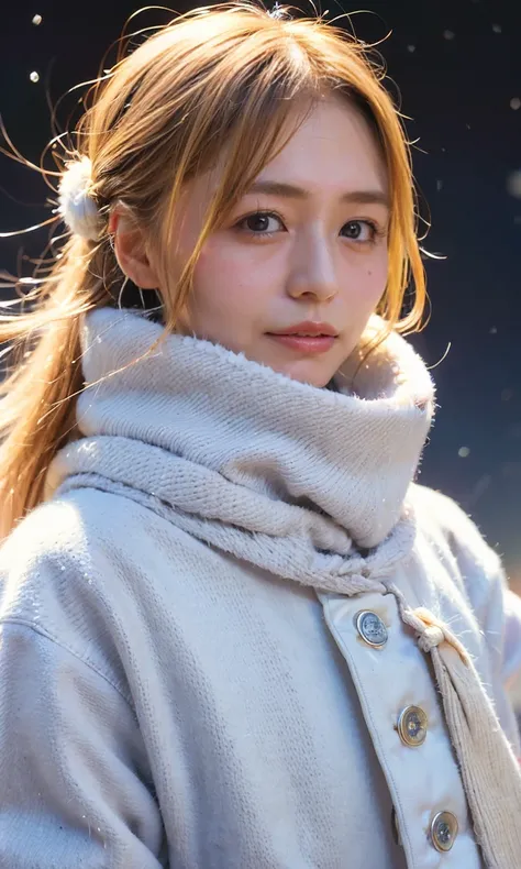 (  クリーム色のhair、Heavy snowfall area、Snow is falling、 blue eyes、 blue eyes、white winter clothes、Admire the night sky in a frigid region、Im wearing a fluffy red scarf、Her breath is white expression 、A woman looking at the starry sky、 Night Background 、that&#39...