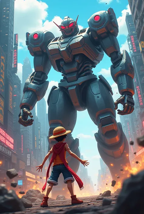 Luffy one piece vs grandsazer in background cyberpunk