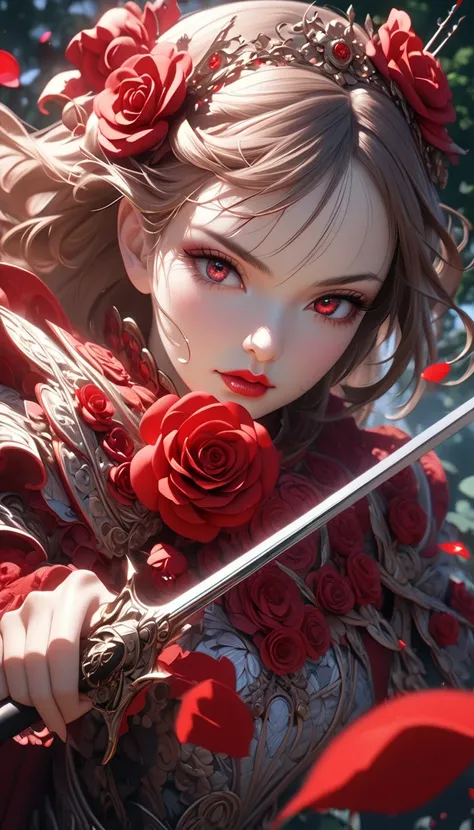 1girl in a garden, holding a rapier decorated with a single rose, wearing an ornate dress with 3D rose decorations, vibrant red accents, transparent red overlay, rose petal swirling finishing move, deadly accurate strike, dynamic action, rose attack, detai...