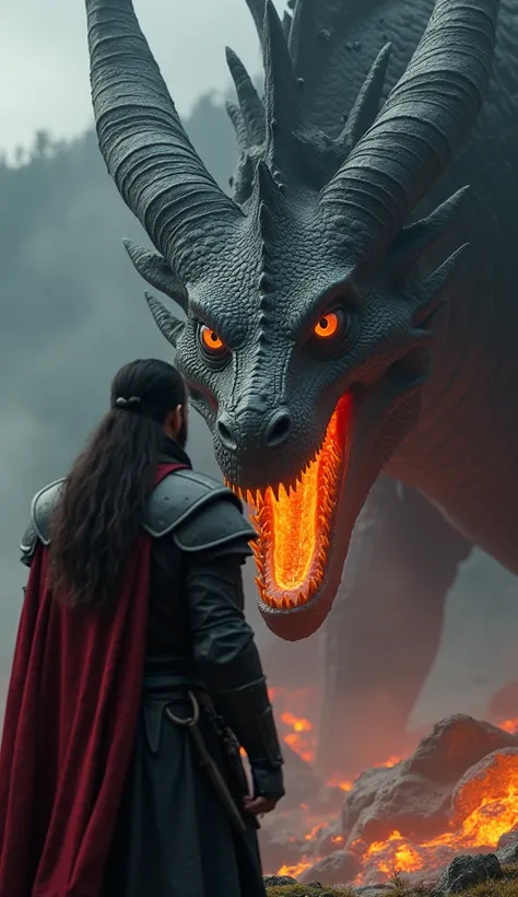 A warrior with a long dark hair, wearing intimidating black armor and a worn, slightly burnt red cape, standing looking at the camera and right behind him a giant and massive dragon watching him very closely. A black dragon with large horns, singed with fi...