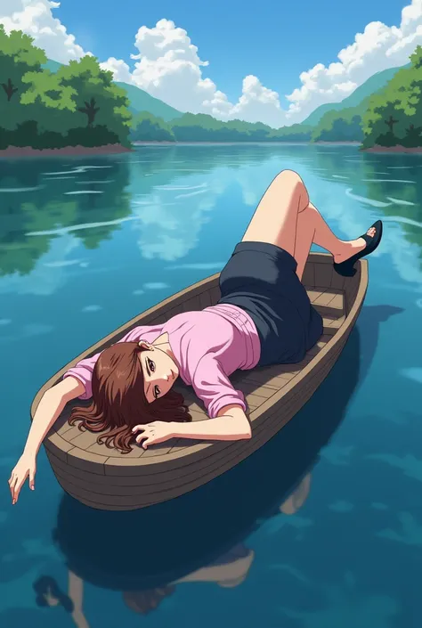 Beautiful woman,  brown hair, pink blouse, black skirt, black high heels, unconcsious on a boat, anime style 