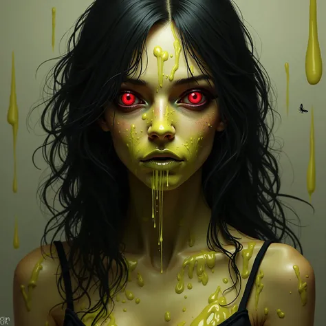 A realistic portrait of a woman, very pale with dark black hair, she is the embodiment of pestilence from the horsemen of the apocalypse, she has red sunken eyes with dark circles, she has open eyes, and they are dark red  her nose is dripping with a lot o...