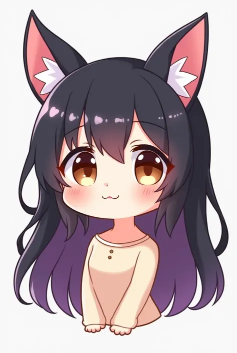 Create a pastel-colored cute female chibi from the chest up, big sprakling brown eyes, long black and purple hair, and small floppy puppy ears. Style should be cartoonish, chibi anime, and clean, suitable for emojis