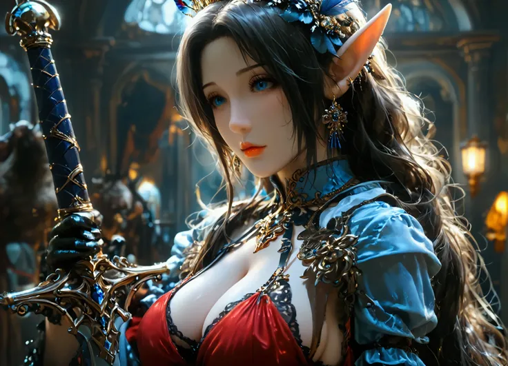 (8k, top quality, Masterpiece , Final Fantasy Style: 1.2),Atmospheric perspective, 8K, Very detailed, Accurate, Highest quality, masterpiece, Very detailed, Sharp focus, High resolution, accurate hand expression, full body shot of a female dark knight elf,...