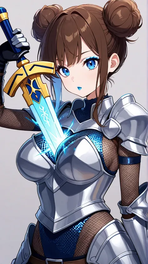 Anime, only (lady in fishnet bodysuit with chainmail on the breast and the bottom)
(Suit of armor, two piece armor over the fishnet bodysuit and chainmeal )
(Breast size cup 29 b )
(skin color brown) 
(Brown Hair, double bun,)
(Weapon sword of Excalibur le...