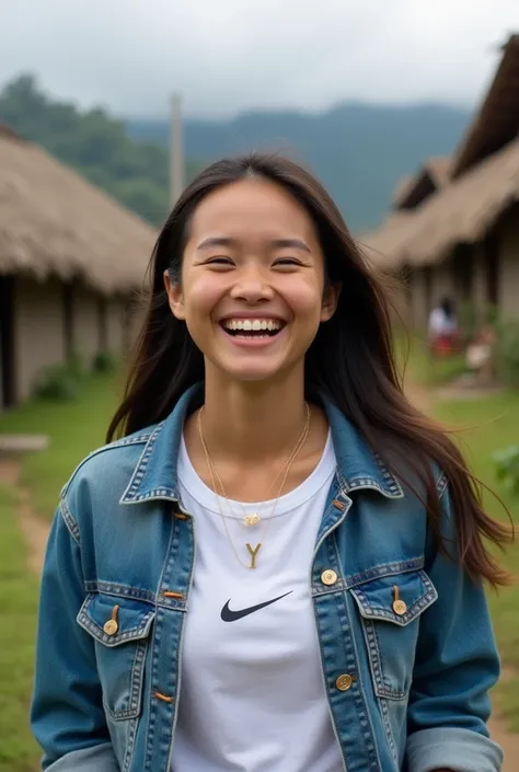 a beautiful woman , wearing a denim jacket. white nike t-shirt and necklace initial Y. laughing. outside in an Ifugao village. chilling 