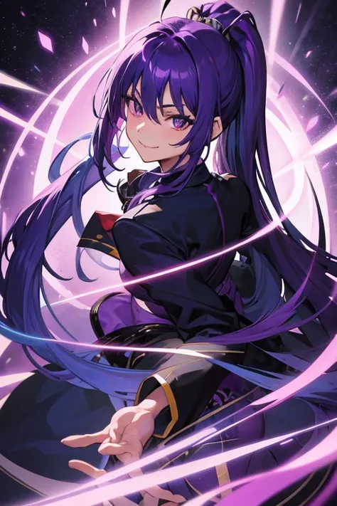 Blue-purple hair, Ridiculously long hair, Hair between the eyes, High Ponytail, purple eyespurple suit, Anime Color,seductive smile