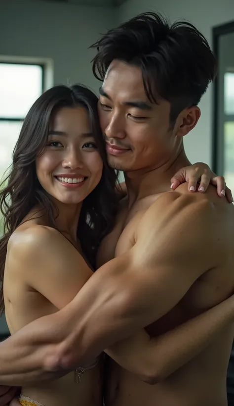  hugged by a woman with loving eyes lying in the gym,Muscular and nice young Korean adult Korean male, 26 years old, Tanned skin tone , brown dandy hair, Beardless,  good-looking, Korean male, whole body,  big, smoothly bulging, round chest muscles lying i...