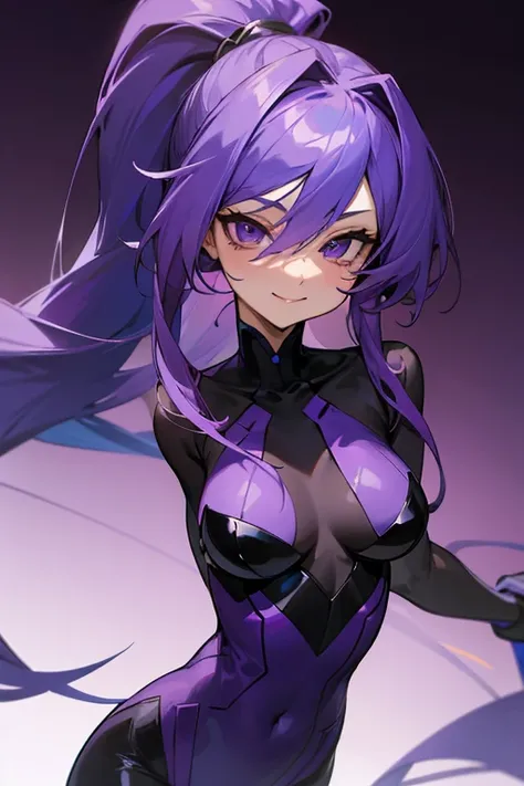 Blue-purple hair, Ridiculously long hair, Hair between the eyes, High Ponytail, purple eyespurple suit, Anime Color,seductive smile