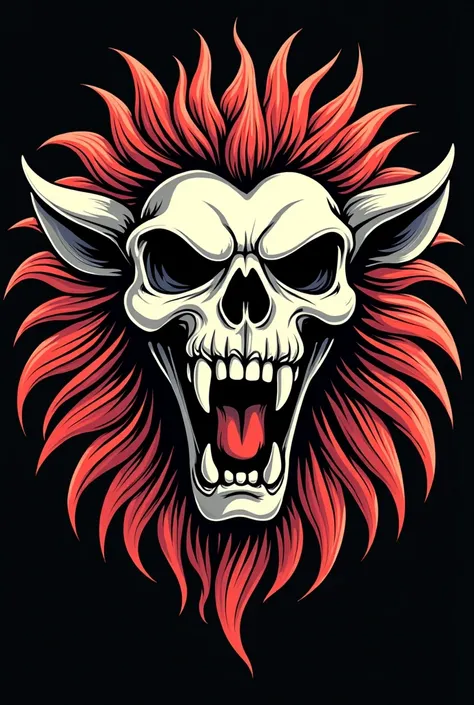 lion-style artwork skull head, t-shirt design, flat colors, vector art,  ((black background)) . Satirical, exaggerated, art style, vibrant colors, iconic characters, action-packed