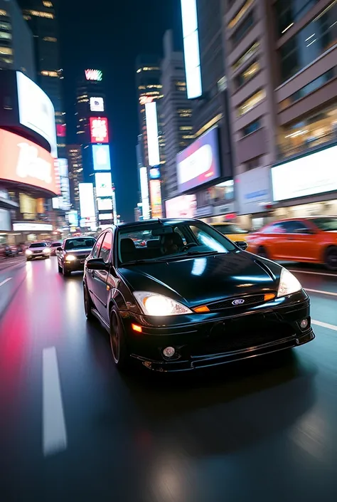 Ford Focus 2004 4-door black car, racing in New York . 