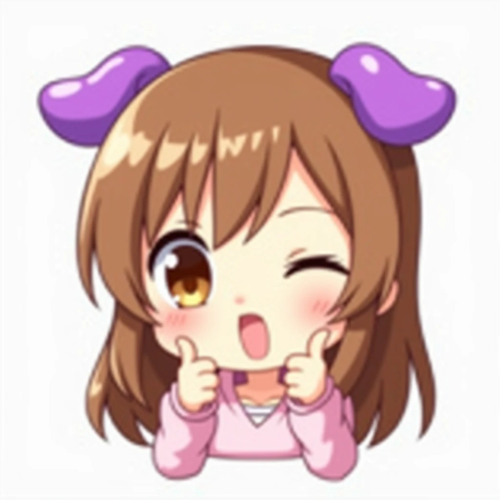 Create a pastel-colored cute female chibi from the shoulders up, big sprakling brown eyes, long brown hair, and small bright purple perky puppy ears. shes winking with her left eye and is giving a thumbs up of approval. Style should be cartoonish, chibi an...