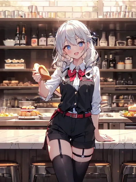 (perky chest:1.2), (pointed chest:1.2),(((Black Tunic:1.3))),(((cakes and bread in the basket),Cute and beautiful girl,(masterpiece), 1girl, solo, adult female, perfect adult female body, (sexy and seductive pose:1.3), bar interior at morning, countertop, ...