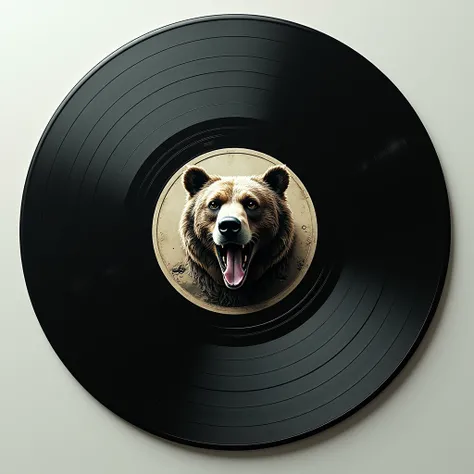 Realistic vinyl record 、Top view、 with a bear deformed design in the center