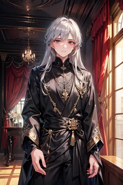 ((Beautiful young man),  long disheveled silver hair ,  Black Clothes , A faint smile,  bright color,  high detail, UHD rendering ,  perfect composition of drapes ,   beautifully elaborate and complicated 
