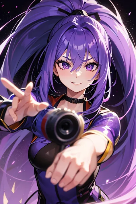 Blue-purple hair, Ridiculously long hair, Hair between the eyes, High Ponytail, purple eyespurple suit, Anime Color,seductive smile