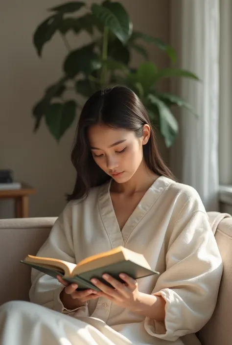 Young lady reading the book in the house which is minimalism style

