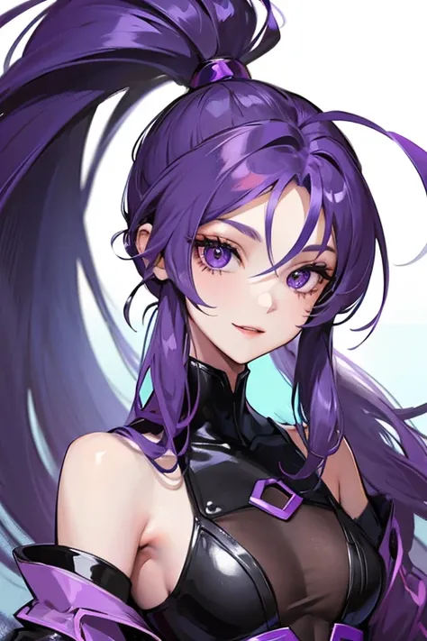 Blue-purple hair, Ridiculously long hair, Hair between the eyes, High Ponytail, purple eyespurple suit, Anime Color,seductive smile