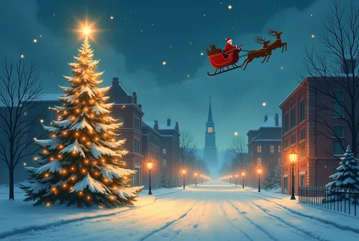 Christmas Eve Illustration,Snowy Night,  cityscape shrouded in light,  Christmas tree, Shining Star,  Romantic Ambience , santa claus sleigh, Quiet and quiet , Faint light