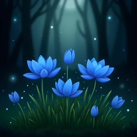 Pattern2.The image is a digital illustration of a group of blue lotus flowers in a dark forest. The flowers are in full bloom and are surrounded by green grass. The background is blurred, but it appears to be a forest with trees and lights. The overall moo...