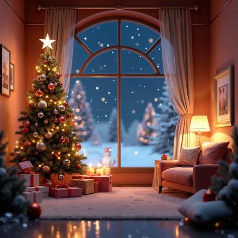 C4D modeling，OC rendering，A Christmas scene in C4D style，Christmas decoration，Gift、Christmas tree、 Warm lighting， snowflakes falling gently outside a large window，night， background