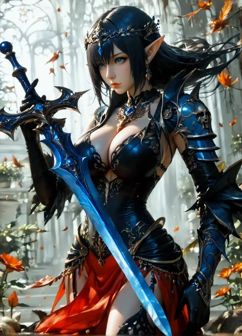 (8k, top quality, Masterpiece , Final Fantasy Style: 1.2),Atmospheric perspective, 8K, Very detailed, Accurate, Highest quality, masterpiece, Very detailed, Sharp focus, High resolution, accurate hand expression, full body shot of a female dark knight elf ...