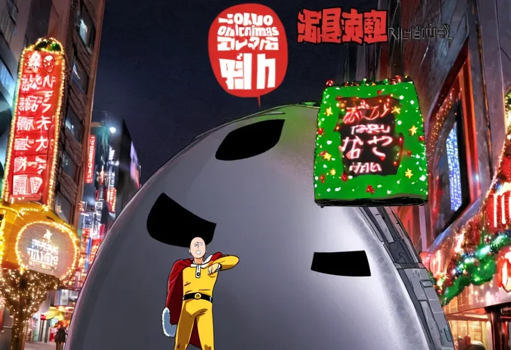 One Punch Man Saitama is confused as to whether or not he should attack, a gigantic christmas themed murder robot with lots of presents and blinking lights wrapped around it villain laughs at Saitama, Snowy Christmas night streets of tokyo
