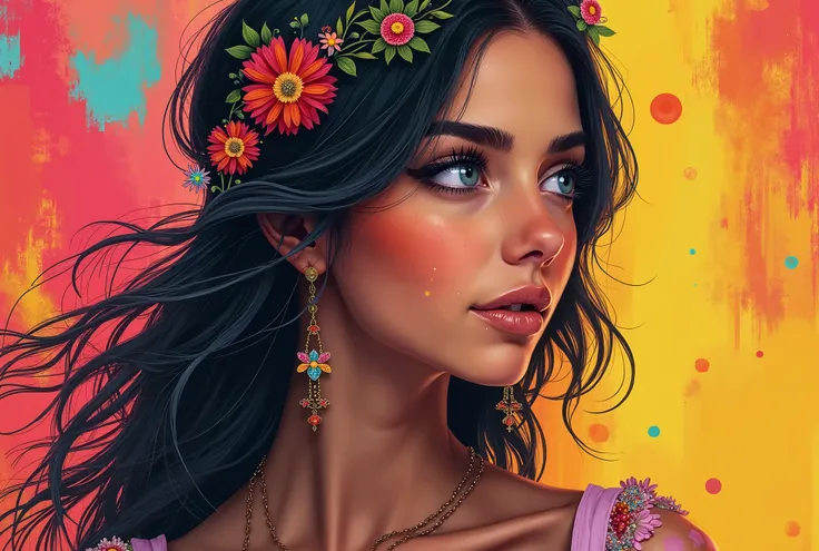 Girl , in hippie time style, beautiful face - Abstract colorfull surroinding - Photo in (((8 k Quality ))) - Perfect hands and max attention to the details -

