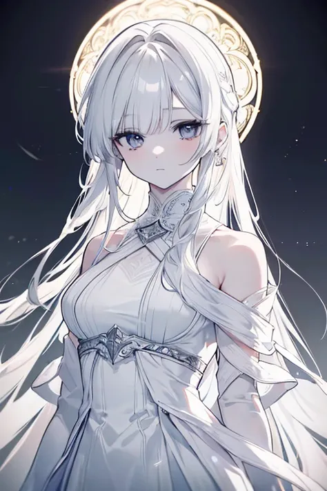 a beautiful pale-skinned girl with flowing white hair, detailed facial features, dramatic white dress, standing amidst a vast, grand, and minimalist orchestral performance, dramatic lighting, cinematic composition, intricate details, masterpiece, photoreal...