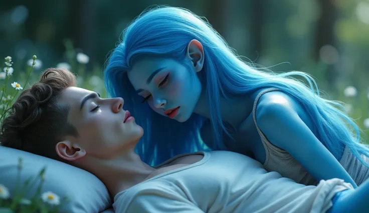 a blue alien beautiful girl with long hair is standing watching a human young man sleeping.